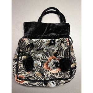 J&X NY Black Velvet Floral Burnout Zebra Print‎ Drawstring Handbag Evening Bag